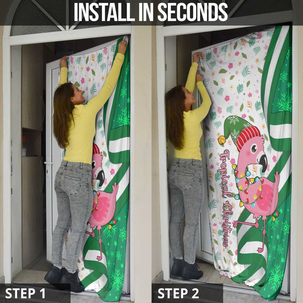 Nigeria Christmas Door Cover with Pink Flamingo Tropical Leaves and Festive Lights Design - Wonder Print Shop