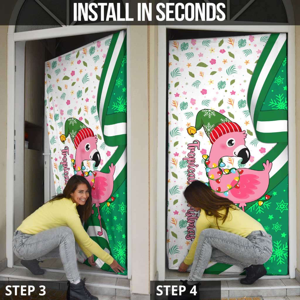 Nigeria Christmas Door Cover with Pink Flamingo Tropical Leaves and Festive Lights Design - Wonder Print Shop