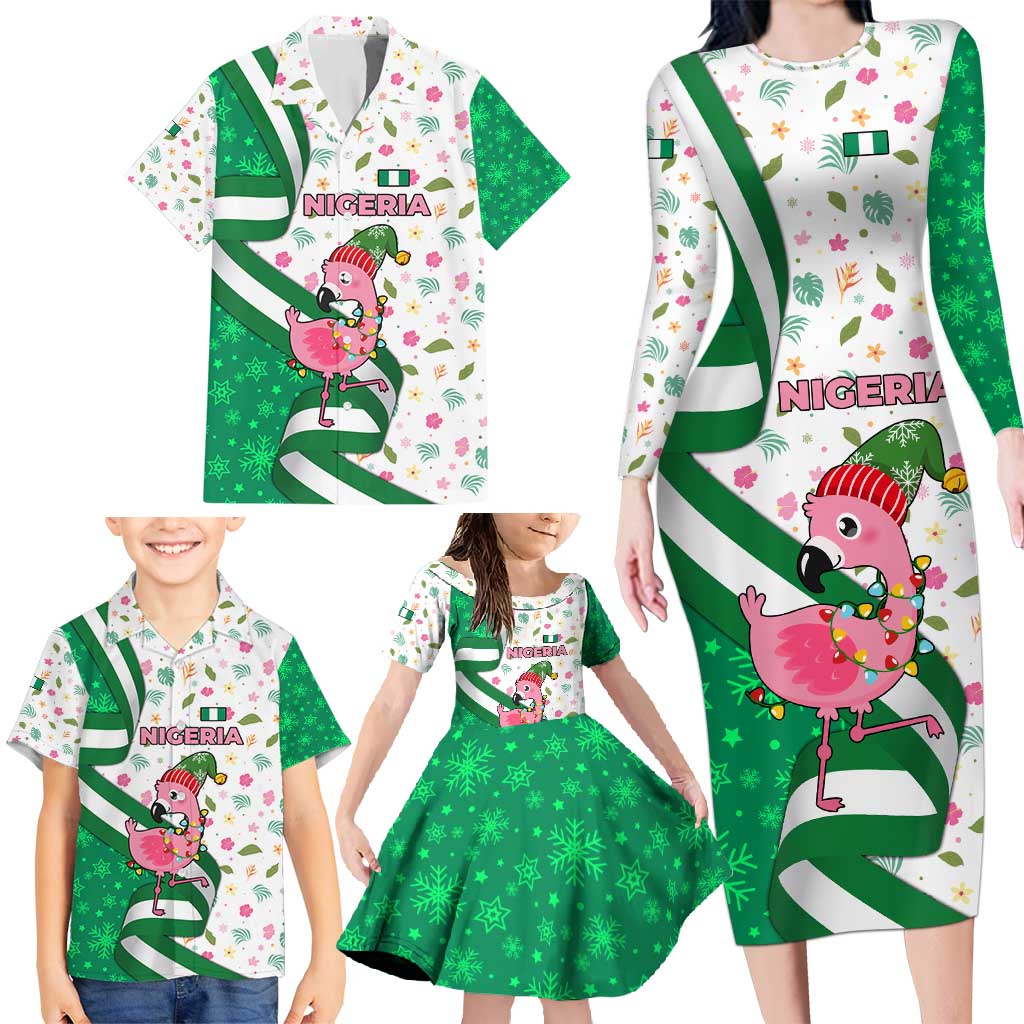 Nigeria Christmas Family Matching Long Sleeve Bodycon Dress and Hawaiian Shirt with Pink Flamingo Tropical Leaves and Festive Lights Design - Wonder Print Shop