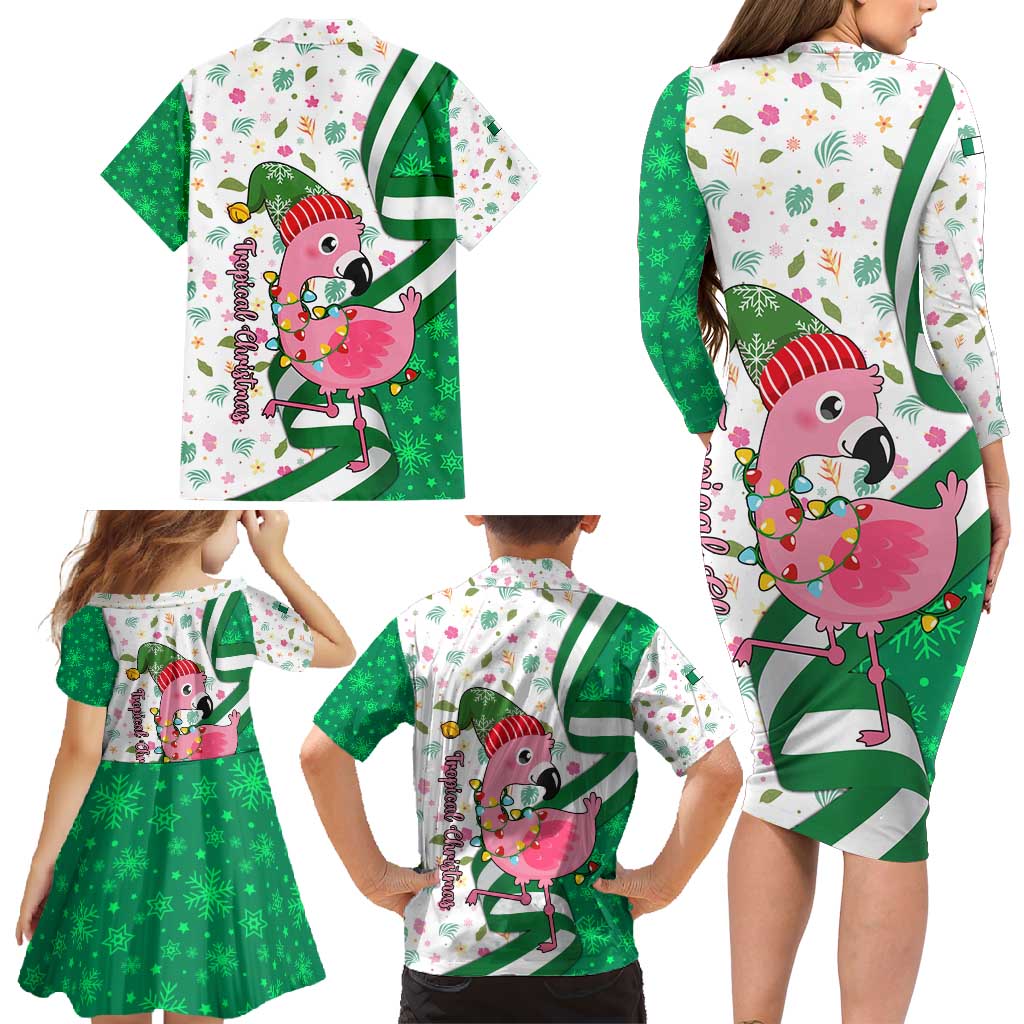 Nigeria Christmas Family Matching Long Sleeve Bodycon Dress and Hawaiian Shirt with Pink Flamingo Tropical Leaves and Festive Lights Design - Wonder Print Shop