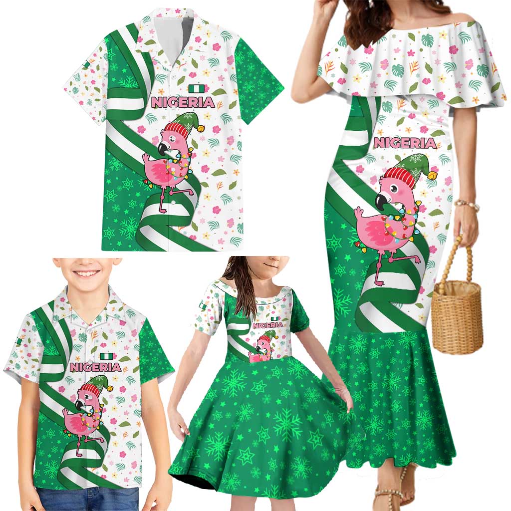 Nigeria Christmas Family Matching Mermaid Dress and Hawaiian Shirt with Pink Flamingo Tropical Leaves and Festive Lights Design - Wonder Print Shop