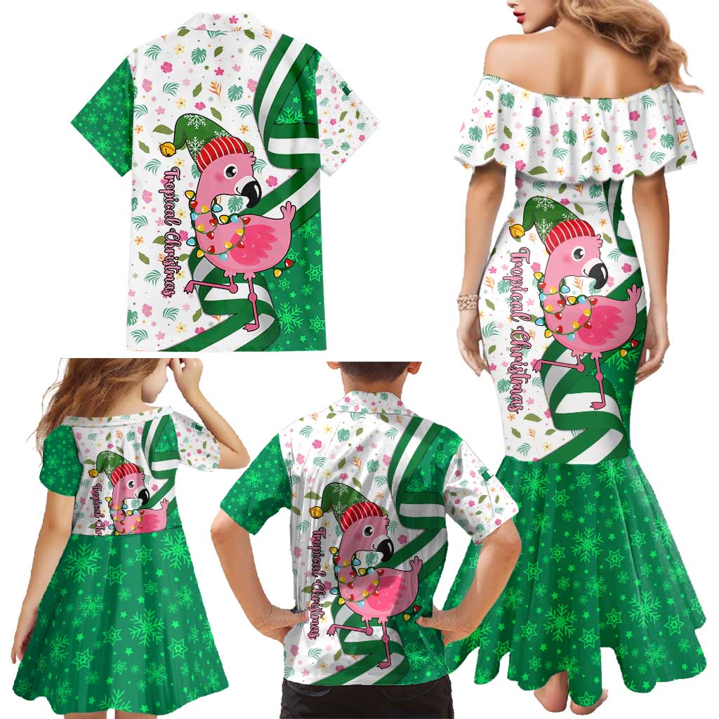 Nigeria Christmas Family Matching Mermaid Dress and Hawaiian Shirt with Pink Flamingo Tropical Leaves and Festive Lights Design - Wonder Print Shop
