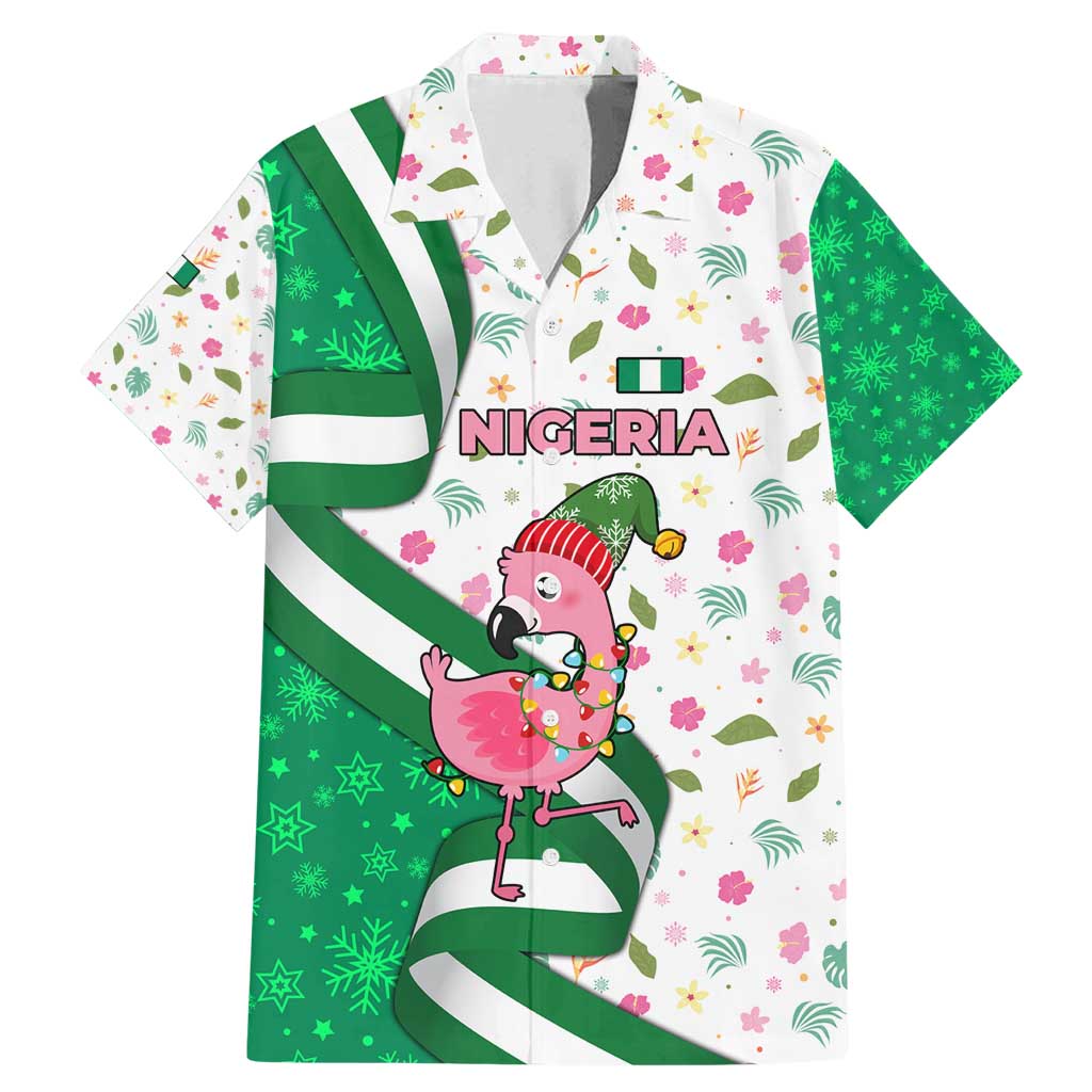 Nigeria Christmas Family Matching Mermaid Dress and Hawaiian Shirt with Pink Flamingo Tropical Leaves and Festive Lights Design - Wonder Print Shop