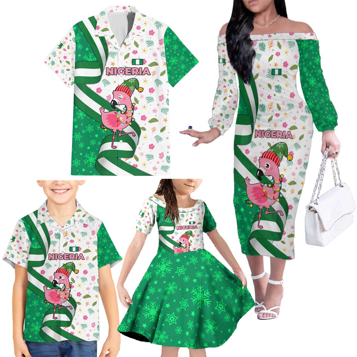 Nigeria Christmas Family Matching Off The Shoulder Long Sleeve Dress and Hawaiian Shirt with Pink Flamingo Tropical Leaves and Festive Lights Design - Wonder Print Shop