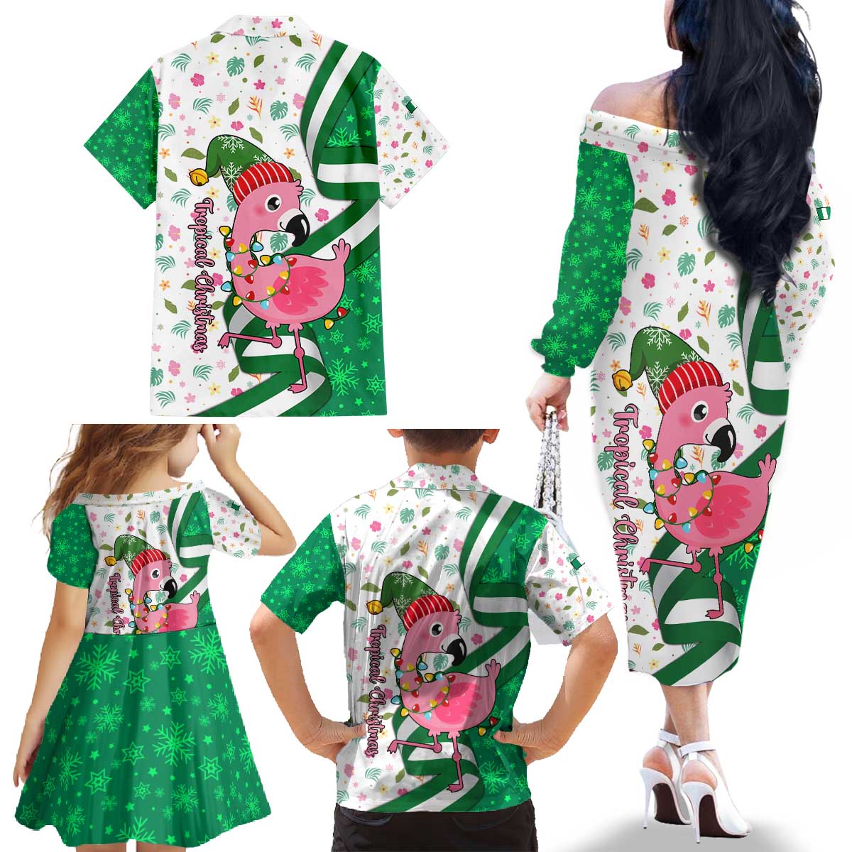Nigeria Christmas Family Matching Off The Shoulder Long Sleeve Dress and Hawaiian Shirt with Pink Flamingo Tropical Leaves and Festive Lights Design - Wonder Print Shop