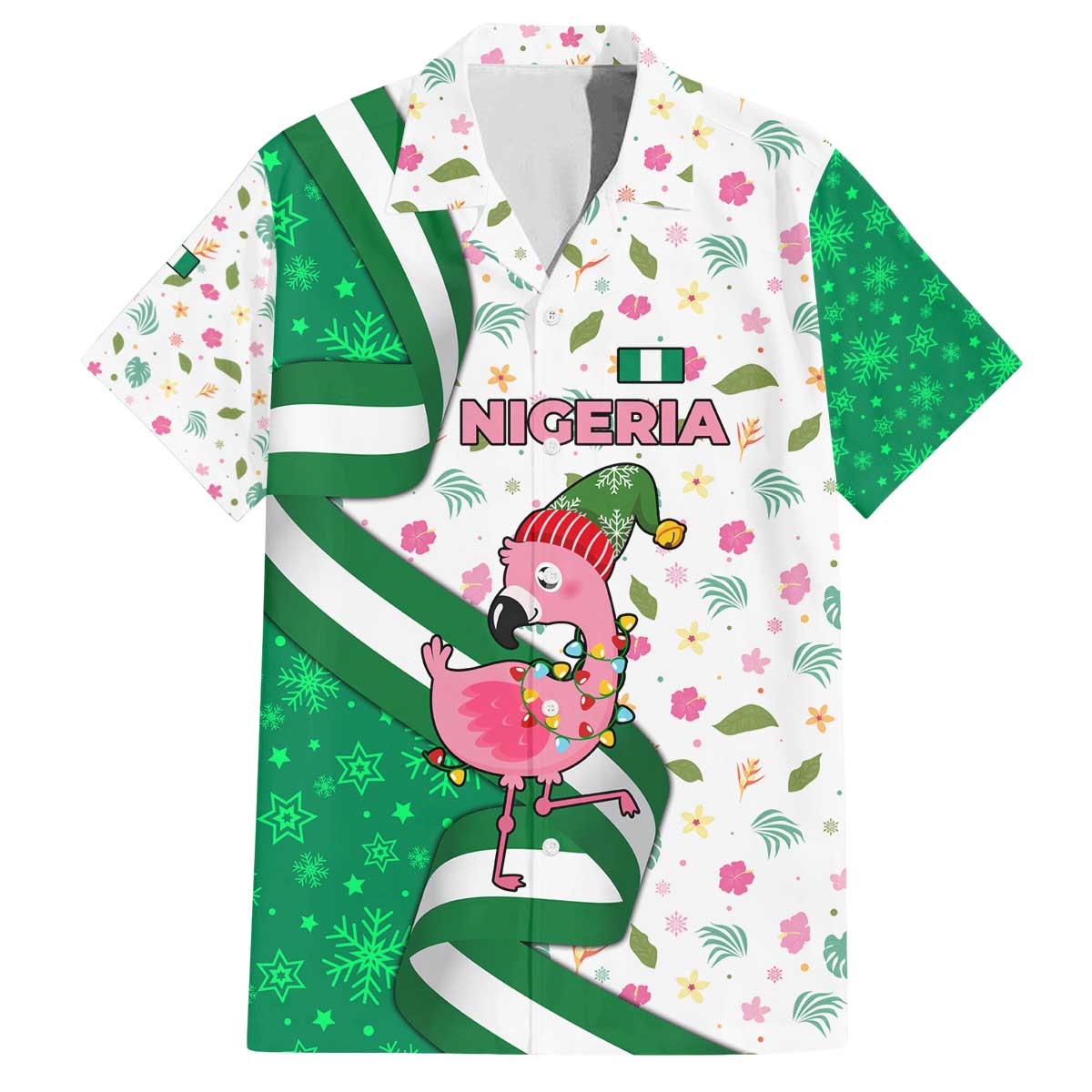 Nigeria Christmas Family Matching Off The Shoulder Long Sleeve Dress and Hawaiian Shirt with Pink Flamingo Tropical Leaves and Festive Lights Design - Wonder Print Shop
