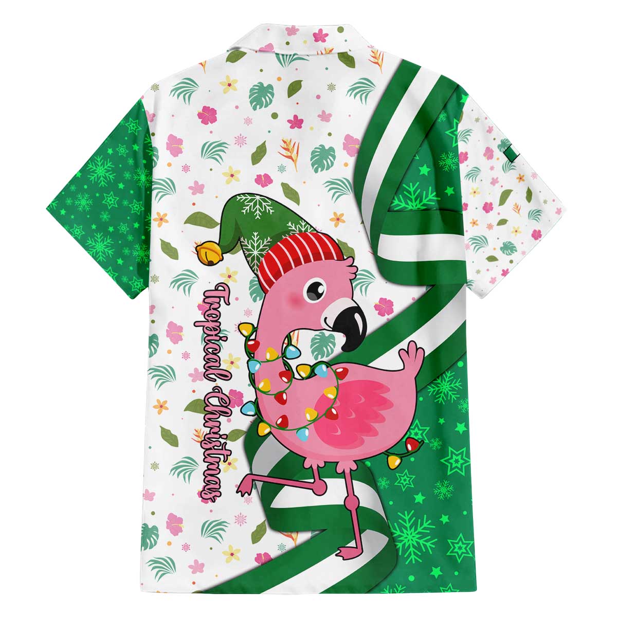 Nigeria Christmas Family Matching Off The Shoulder Long Sleeve Dress and Hawaiian Shirt with Pink Flamingo Tropical Leaves and Festive Lights Design - Wonder Print Shop