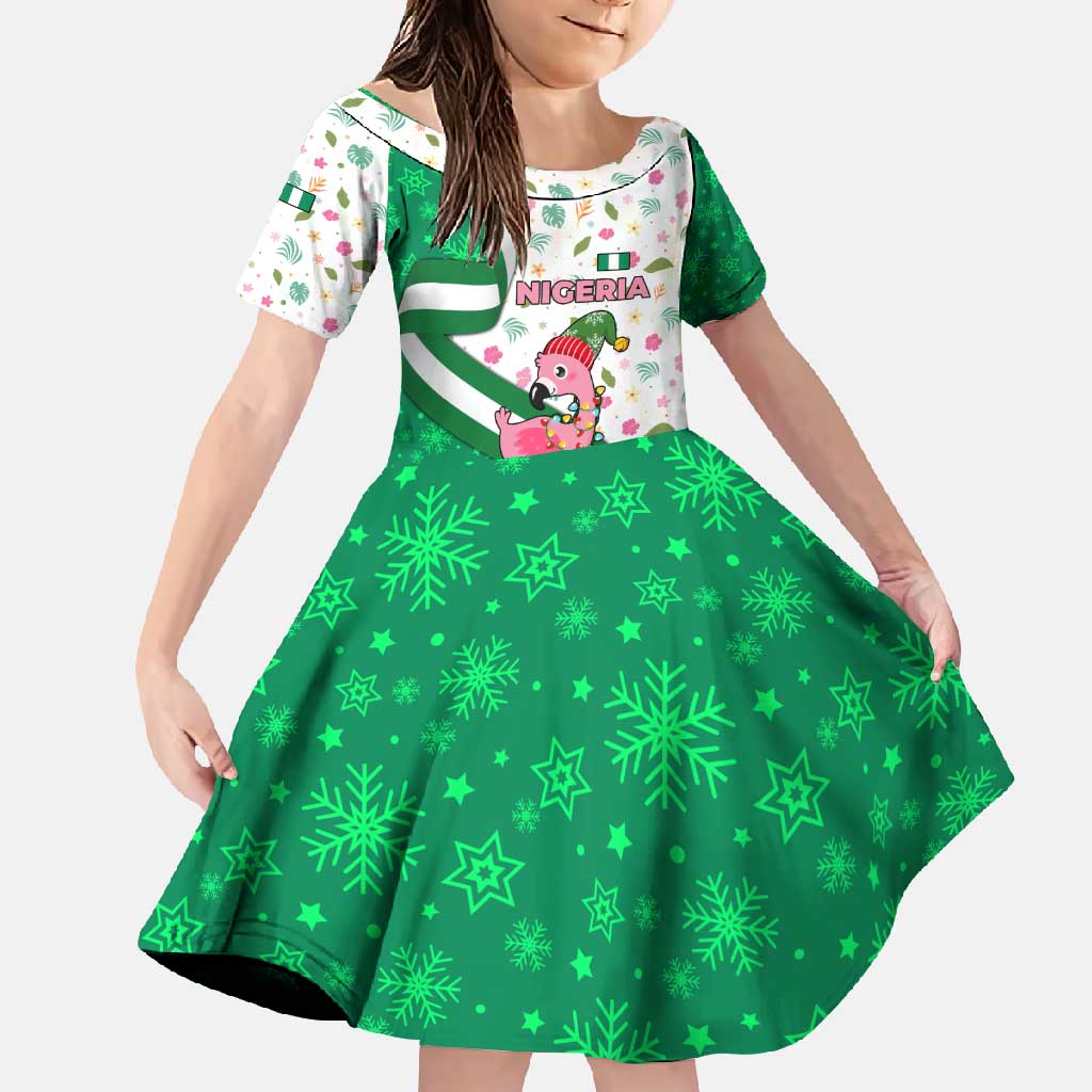 Nigeria Christmas Family Matching Off Shoulder Maxi Dress and Hawaiian Shirt with Pink Flamingo Tropical Leaves and Festive Lights Design - Wonder Print Shop