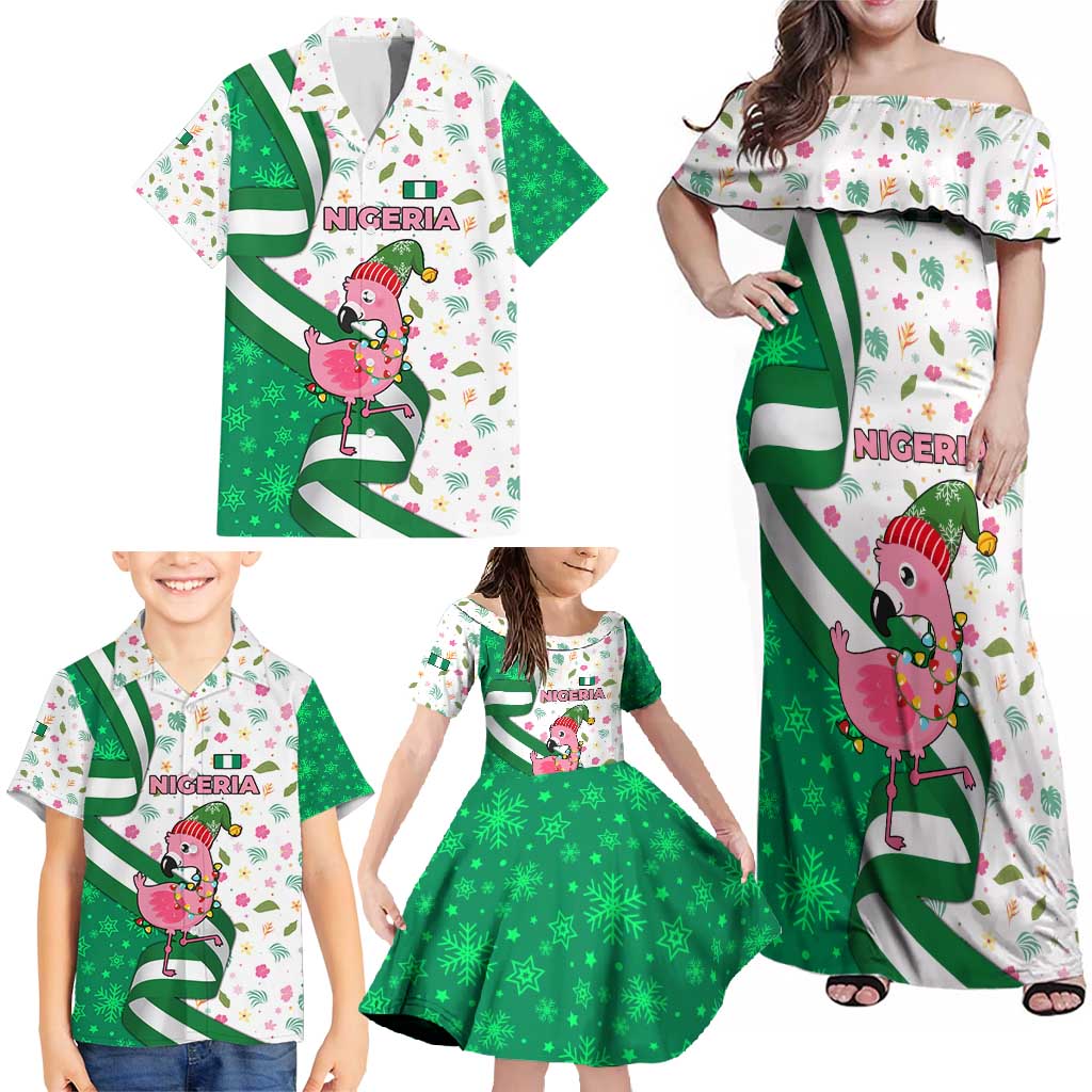 Nigeria Christmas Family Matching Off Shoulder Maxi Dress and Hawaiian Shirt with Pink Flamingo Tropical Leaves and Festive Lights Design - Wonder Print Shop