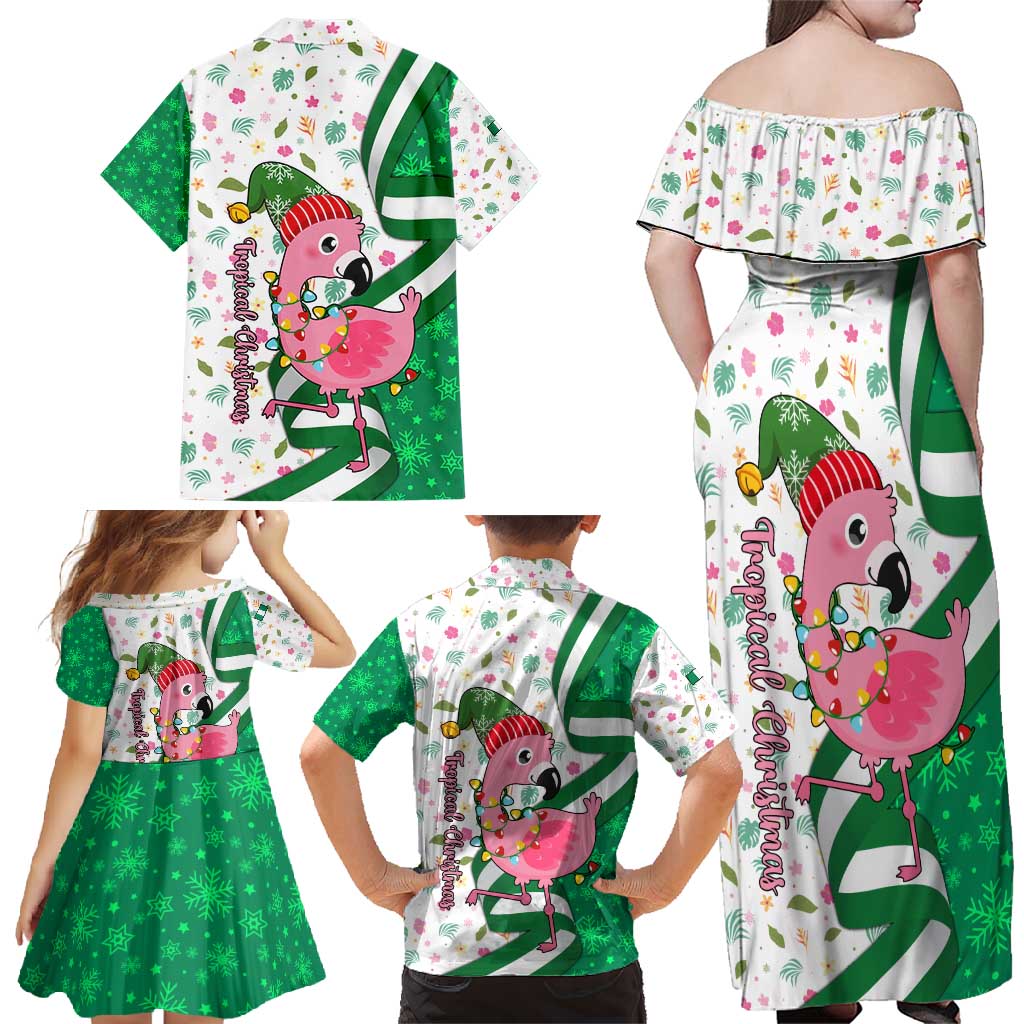 Nigeria Christmas Family Matching Off Shoulder Maxi Dress and Hawaiian Shirt with Pink Flamingo Tropical Leaves and Festive Lights Design - Wonder Print Shop