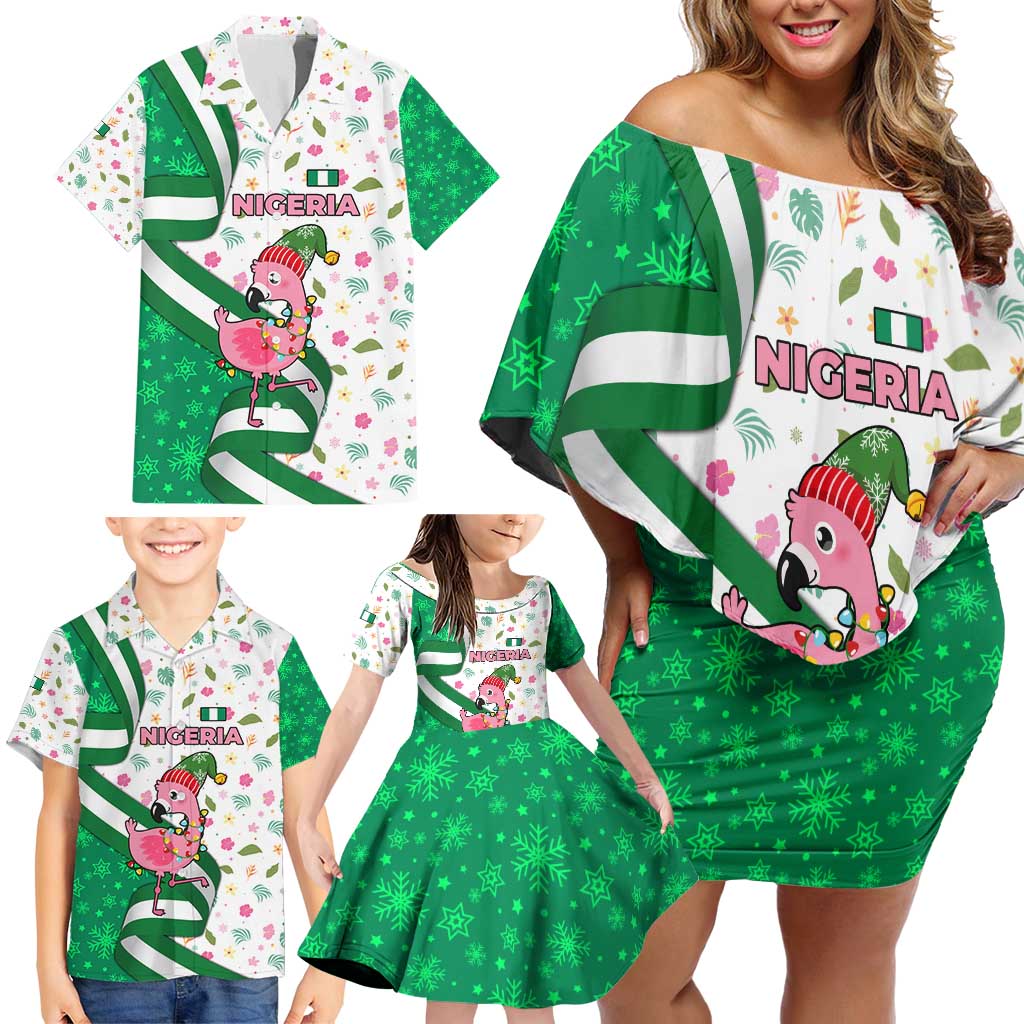 Nigeria Christmas Family Matching Off Shoulder Short Dress and Hawaiian Shirt with Pink Flamingo Tropical Leaves and Festive Lights Design - Wonder Print Shop