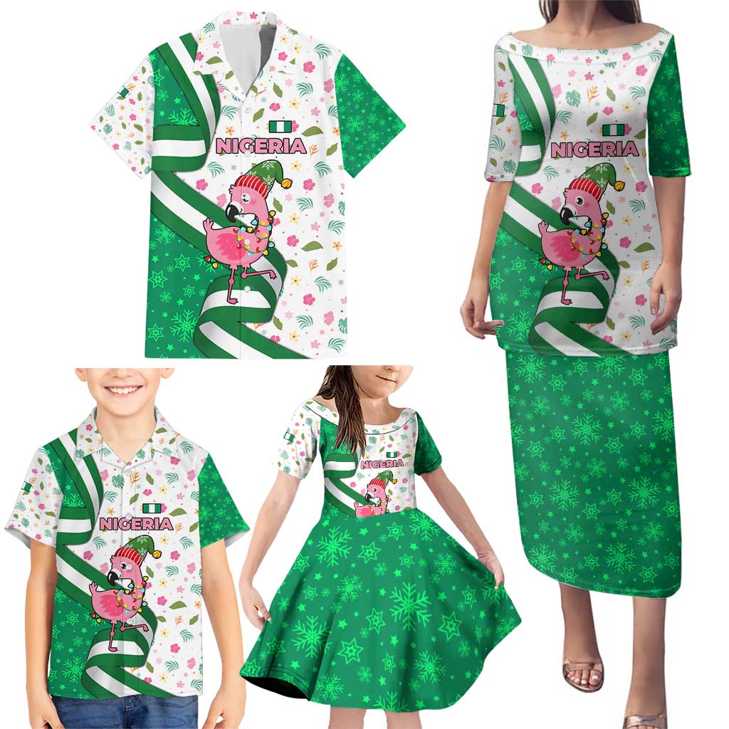 Nigeria Christmas Family Matching Puletasi and Hawaiian Shirt with Pink Flamingo Tropical Leaves and Festive Lights Design - Wonder Print Shop