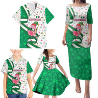 Nigeria Christmas Family Matching Puletasi and Hawaiian Shirt with Pink Flamingo Tropical Leaves and Festive Lights Design - Wonder Print Shop