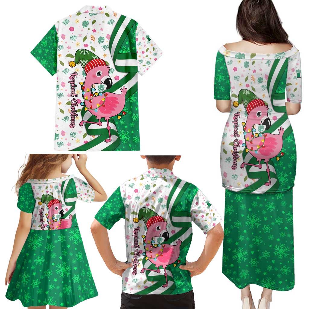 Nigeria Christmas Family Matching Puletasi and Hawaiian Shirt with Pink Flamingo Tropical Leaves and Festive Lights Design - Wonder Print Shop