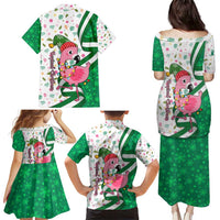 Nigeria Christmas Family Matching Puletasi and Hawaiian Shirt with Pink Flamingo Tropical Leaves and Festive Lights Design - Wonder Print Shop