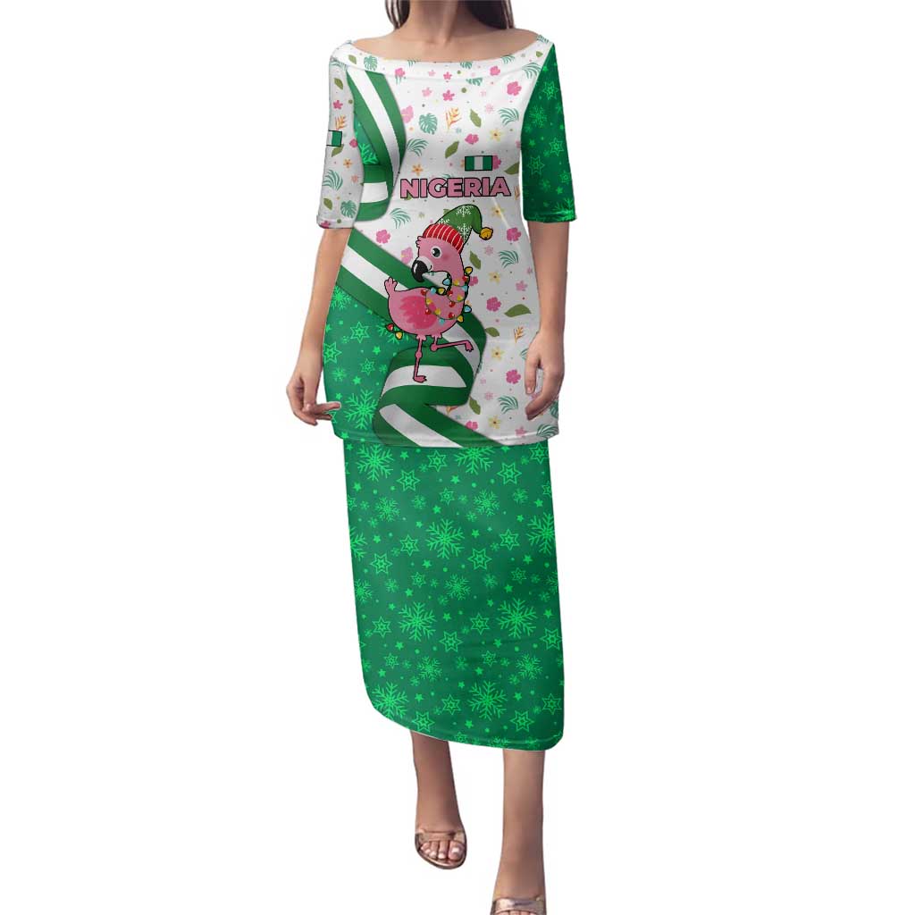 Nigeria Christmas Family Matching Puletasi and Hawaiian Shirt with Pink Flamingo Tropical Leaves and Festive Lights Design - Wonder Print Shop