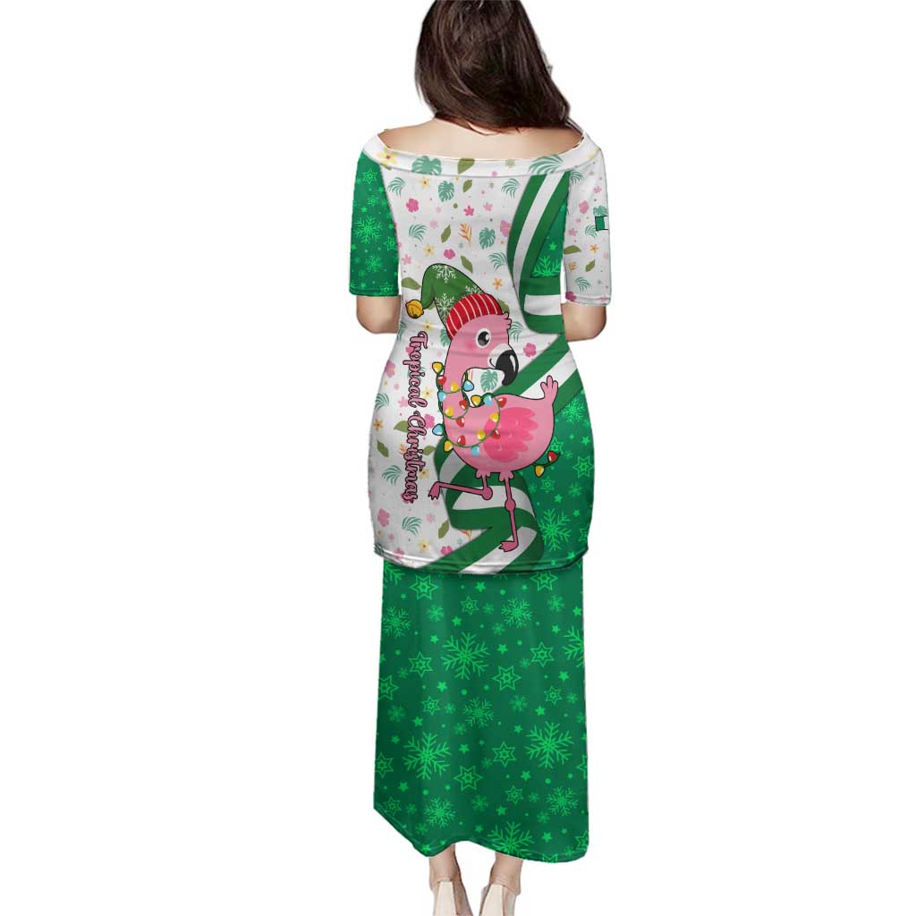 Nigeria Christmas Family Matching Puletasi and Hawaiian Shirt with Pink Flamingo Tropical Leaves and Festive Lights Design - Wonder Print Shop