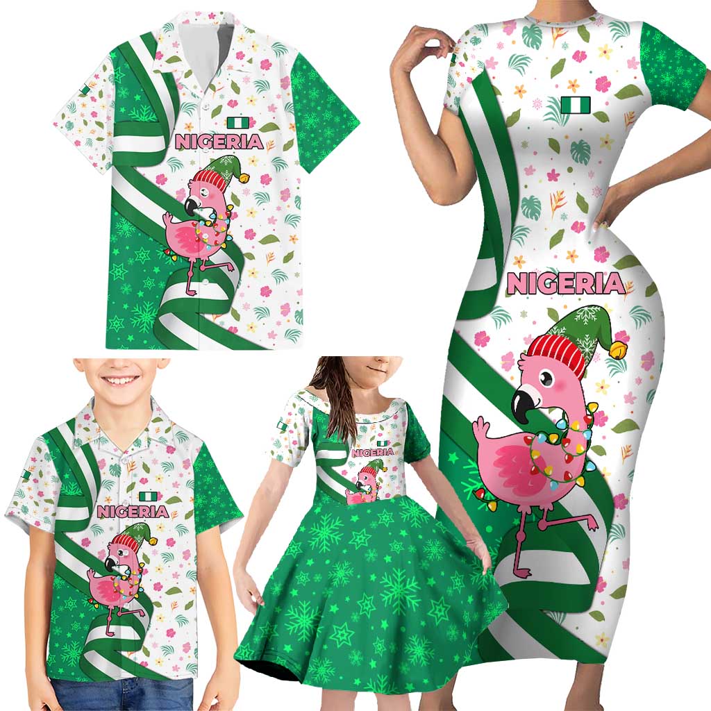 Nigeria Christmas Family Matching Short Sleeve Bodycon Dress and Hawaiian Shirt with Pink Flamingo Tropical Leaves and Festive Lights Design - Wonder Print Shop