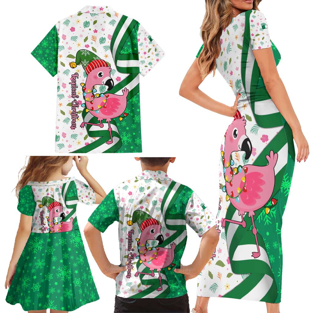 Nigeria Christmas Family Matching Short Sleeve Bodycon Dress and Hawaiian Shirt with Pink Flamingo Tropical Leaves and Festive Lights Design - Wonder Print Shop