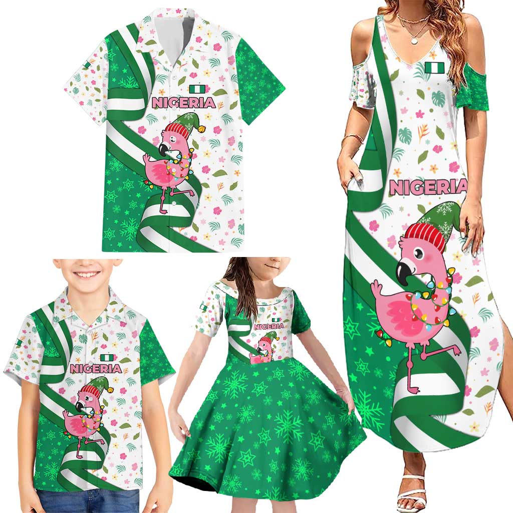 Nigeria Christmas Family Matching Summer Maxi Dress and Hawaiian Shirt with Pink Flamingo Tropical Leaves and Festive Lights Design - Wonder Print Shop