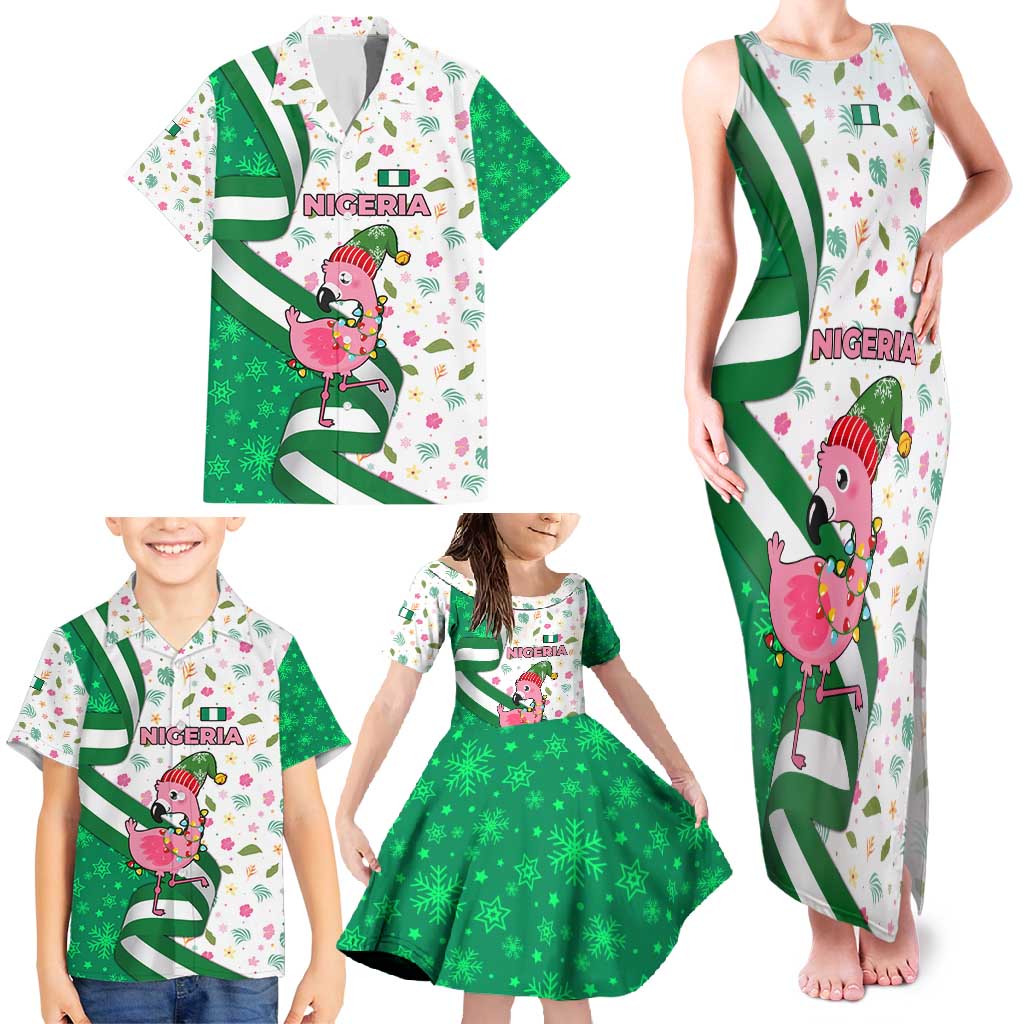 Nigeria Christmas Family Matching Tank Maxi Dress and Hawaiian Shirt with Pink Flamingo Tropical Leaves and Festive Lights Design - Wonder Print Shop