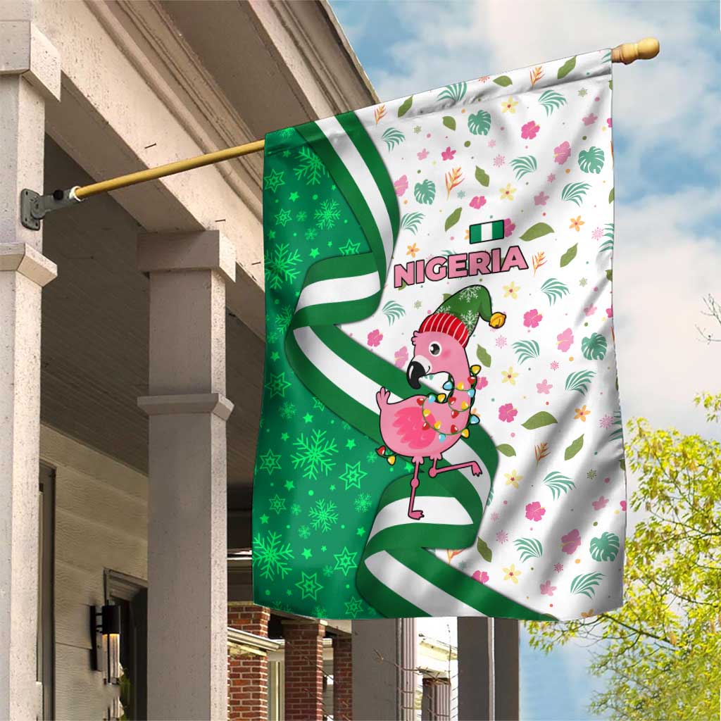Nigeria Christmas Garden Flag with Pink Flamingo Tropical Leaves and Festive Lights Design - Wonder Print Shop