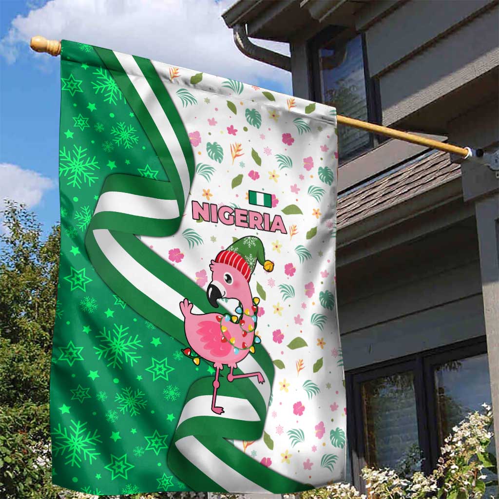 Nigeria Christmas Garden Flag with Pink Flamingo Tropical Leaves and Festive Lights Design - Wonder Print Shop