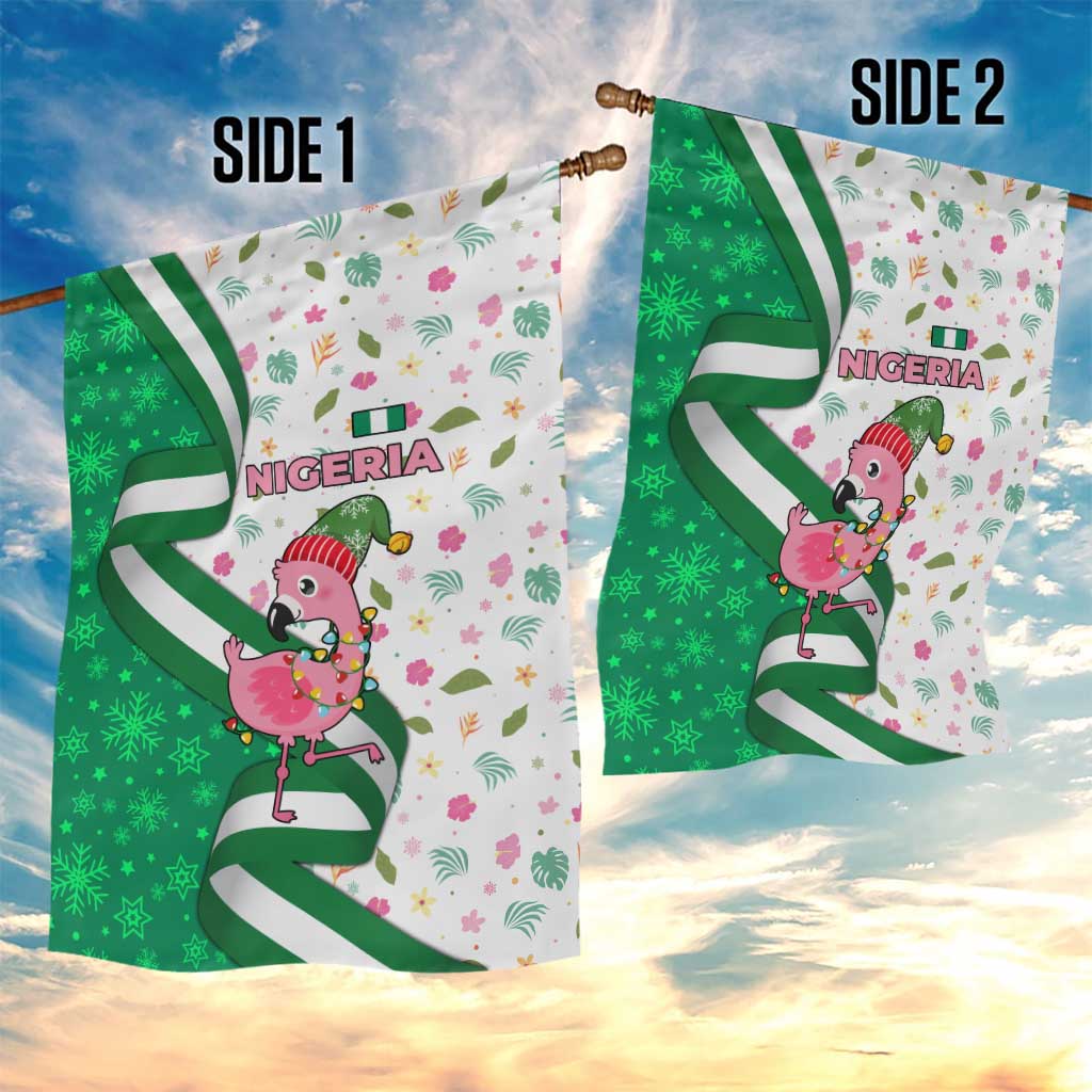 Nigeria Christmas Garden Flag with Pink Flamingo Tropical Leaves and Festive Lights Design - Wonder Print Shop