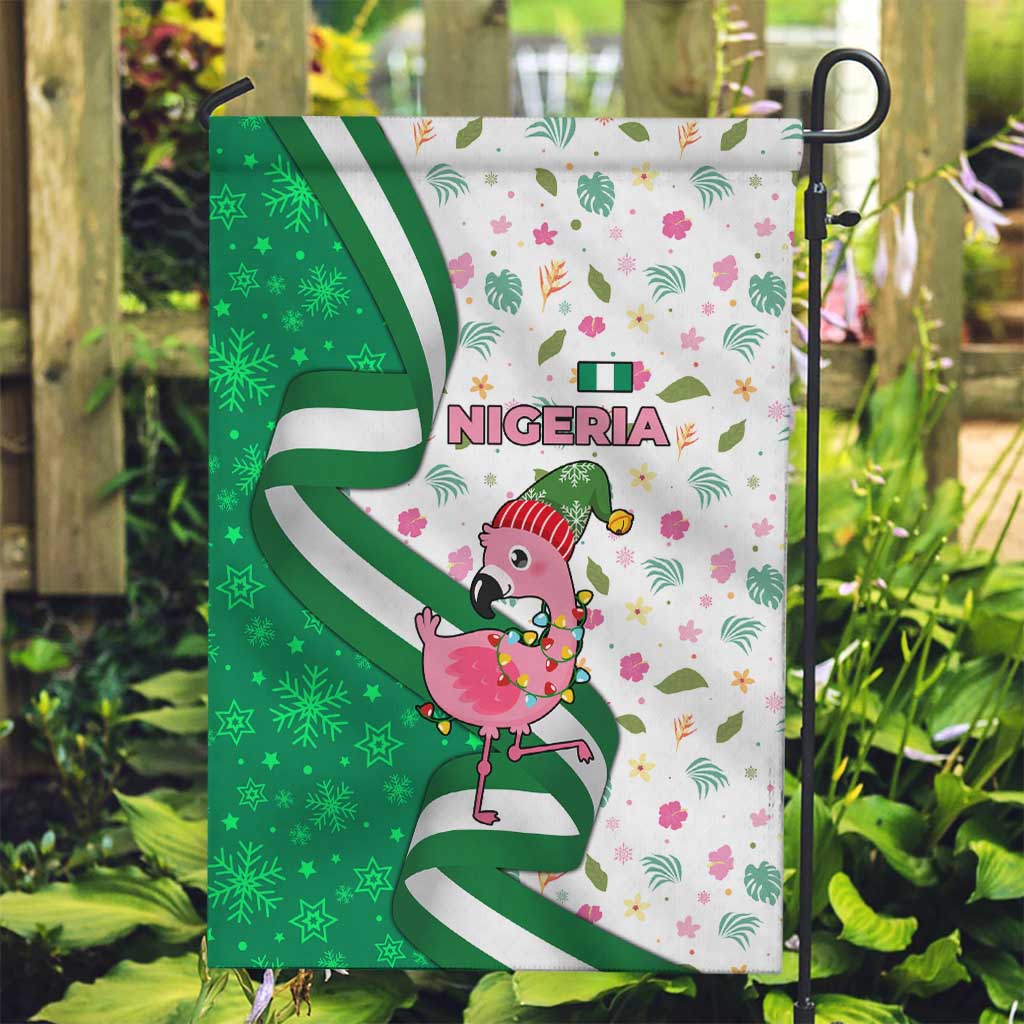 Nigeria Christmas Garden Flag with Pink Flamingo Tropical Leaves and Festive Lights Design - Wonder Print Shop