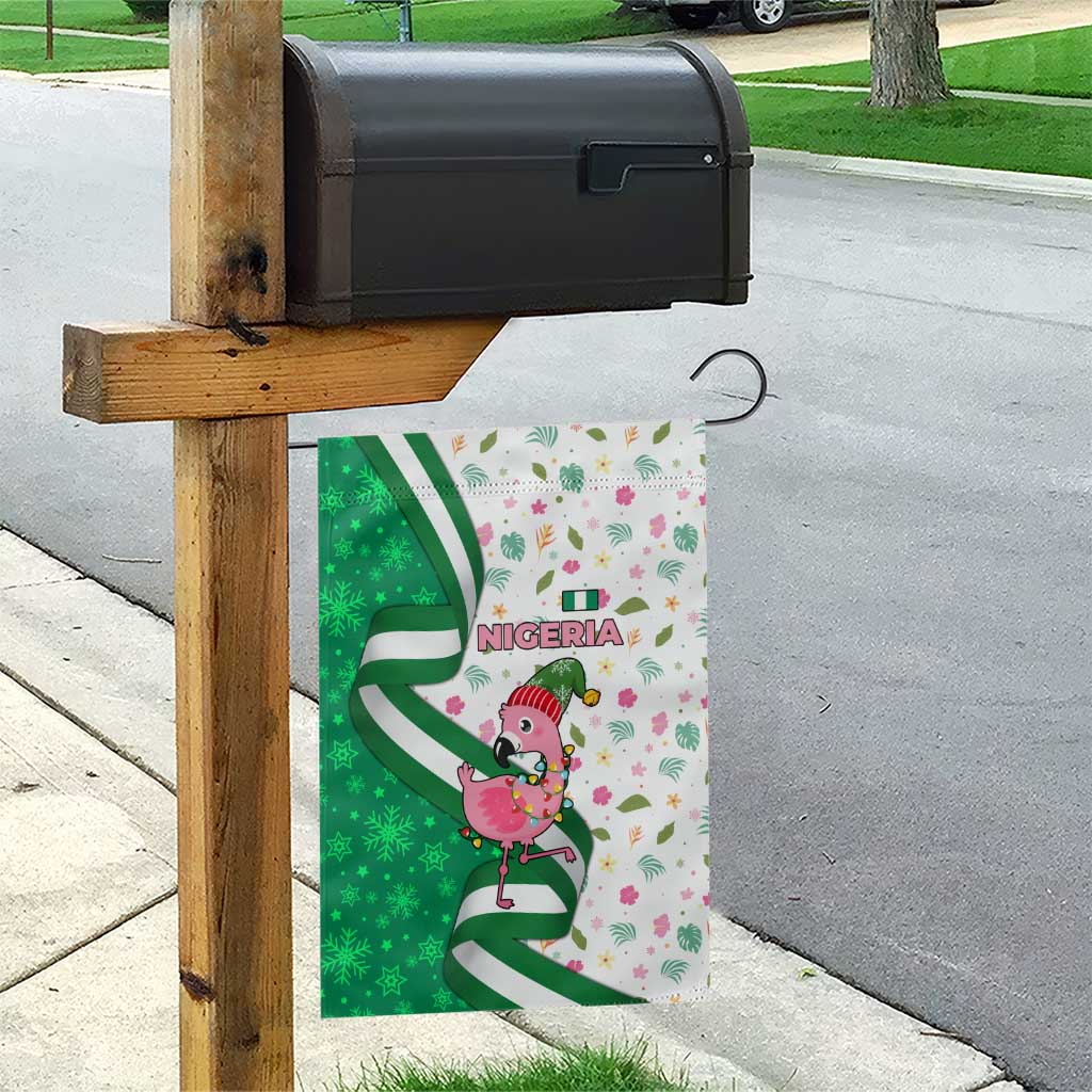 Nigeria Christmas Garden Flag with Pink Flamingo Tropical Leaves and Festive Lights Design - Wonder Print Shop