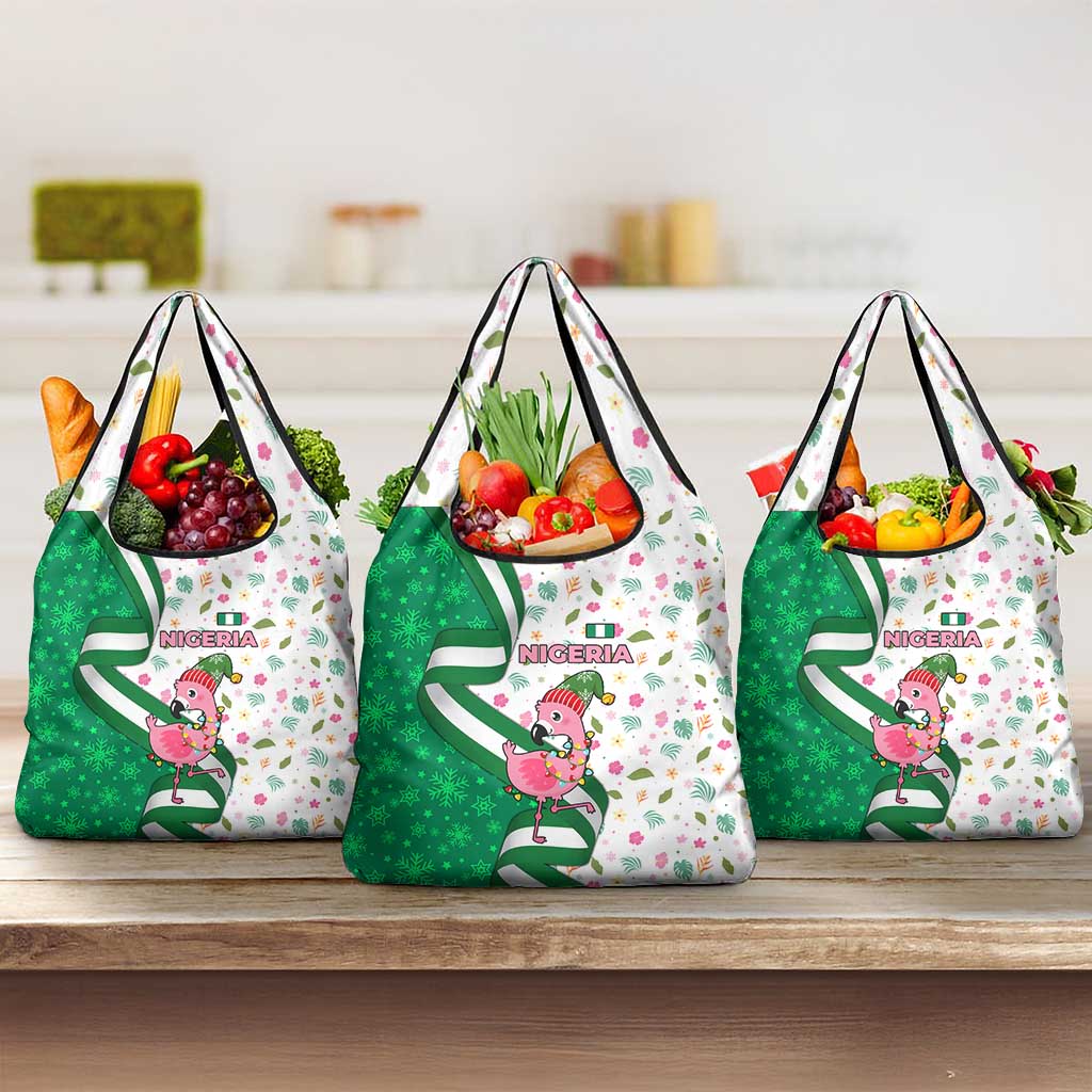 Nigeria Christmas Grocery Bag with Pink Flamingo Tropical Leaves and Festive Lights Design - Wonder Print Shop