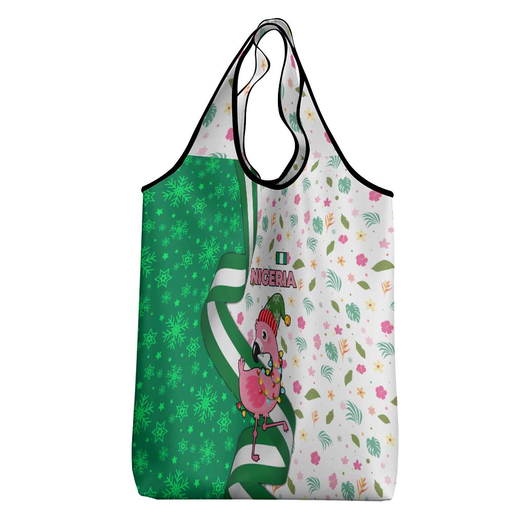 Nigeria Christmas Grocery Bag with Pink Flamingo Tropical Leaves and Festive Lights Design - Wonder Print Shop