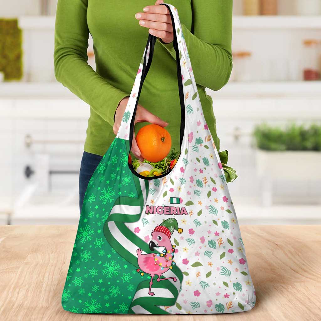 Nigeria Christmas Grocery Bag with Pink Flamingo Tropical Leaves and Festive Lights Design - Wonder Print Shop