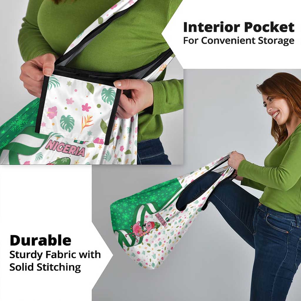 Nigeria Christmas Grocery Bag with Pink Flamingo Tropical Leaves and Festive Lights Design - Wonder Print Shop