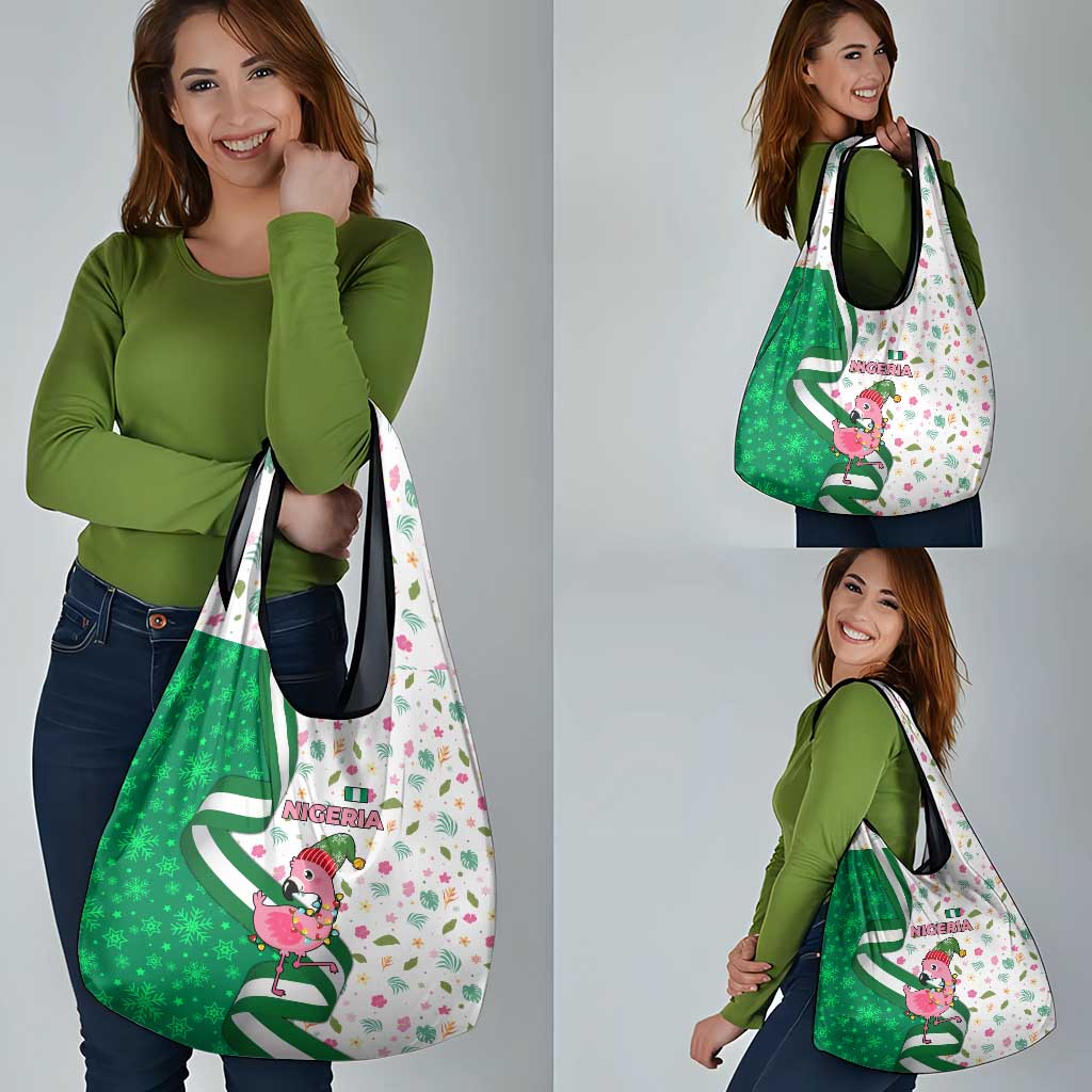 Nigeria Christmas Grocery Bag with Pink Flamingo Tropical Leaves and Festive Lights Design - Wonder Print Shop
