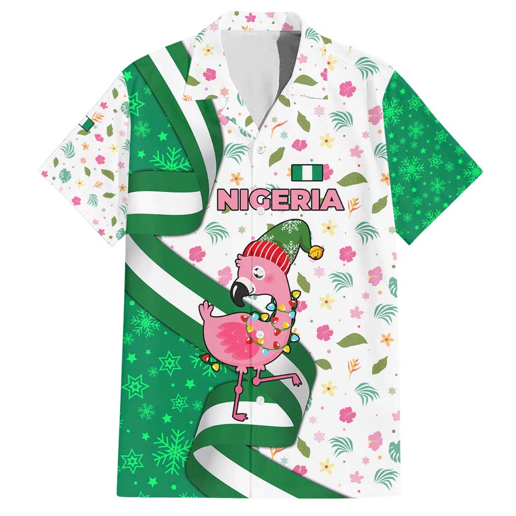 Nigeria Christmas Hawaiian Shirt with Pink Flamingo Tropical Leaves and Festive Lights Design - Wonder Print Shop