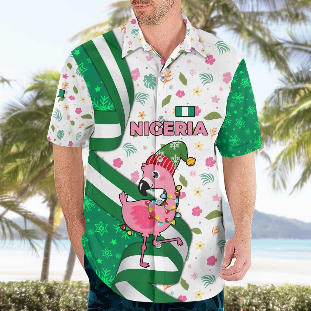 Nigeria Christmas Hawaiian Shirt with Pink Flamingo Tropical Leaves and Festive Lights Design - Wonder Print Shop