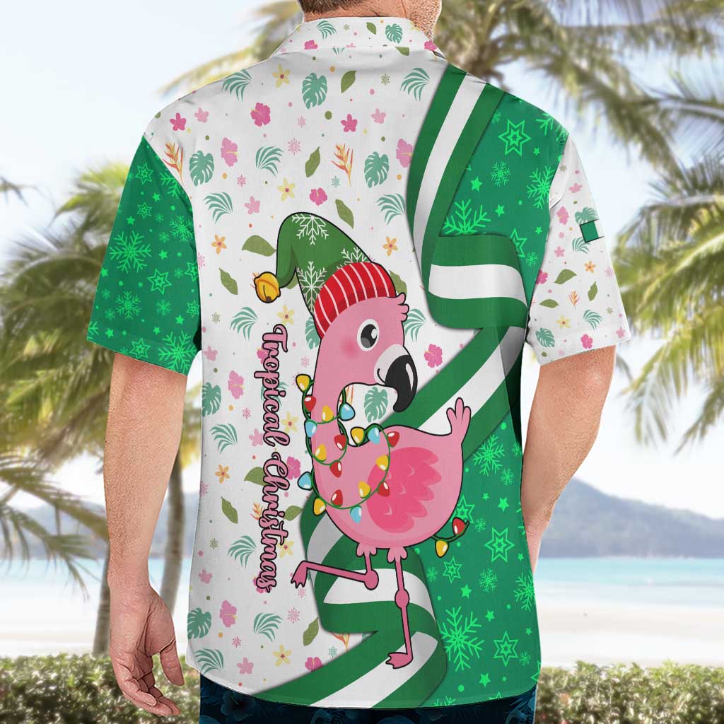 Nigeria Christmas Hawaiian Shirt with Pink Flamingo Tropical Leaves and Festive Lights Design - Wonder Print Shop
