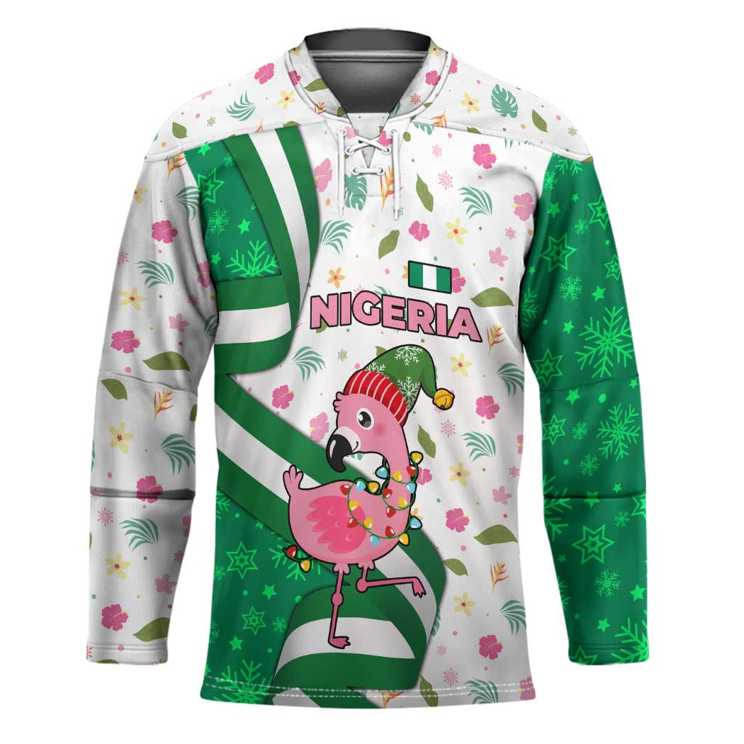 Nigeria Christmas Hockey Jersey with Pink Flamingo Tropical Leaves and Festive Lights Design - Wonder Print Shop