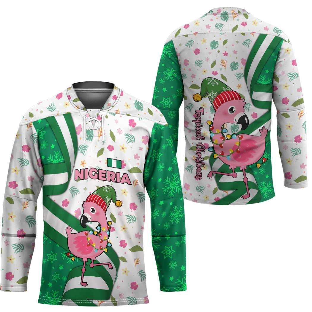Nigeria Christmas Hockey Jersey with Pink Flamingo Tropical Leaves and Festive Lights Design - Wonder Print Shop