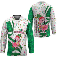 Nigeria Christmas Hockey Jersey with Pink Flamingo Tropical Leaves and Festive Lights Design - Wonder Print Shop