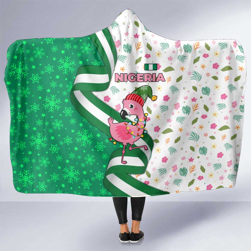 Nigeria Christmas Hooded Blanket with Pink Flamingo Tropical Leaves and Festive Lights Design - Wonder Print Shop