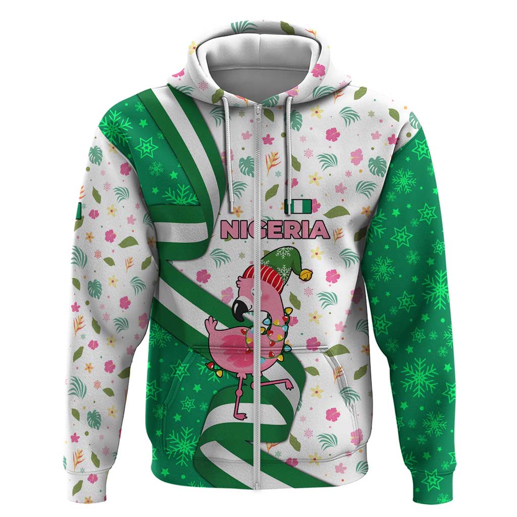 Nigeria Christmas Hoodie with Pink Flamingo Tropical Leaves and Festive Lights Design - Wonder Print Shop