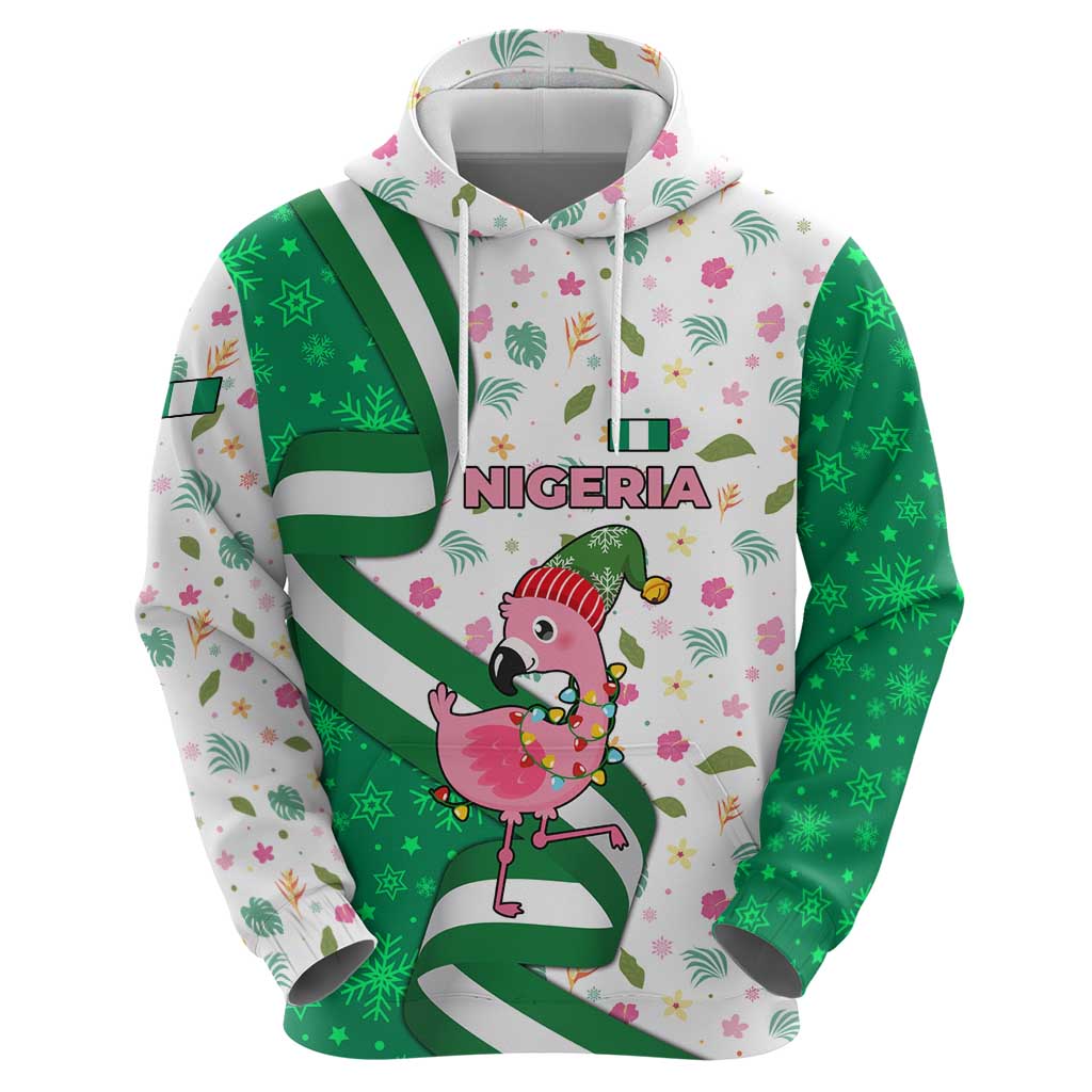 Nigeria Christmas Hoodie with Pink Flamingo Tropical Leaves and Festive Lights Design - Wonder Print Shop