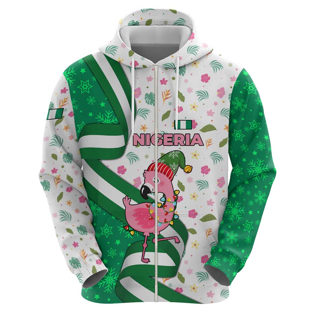 Nigeria Christmas Hoodie with Pink Flamingo Tropical Leaves and Festive Lights Design - Wonder Print Shop
