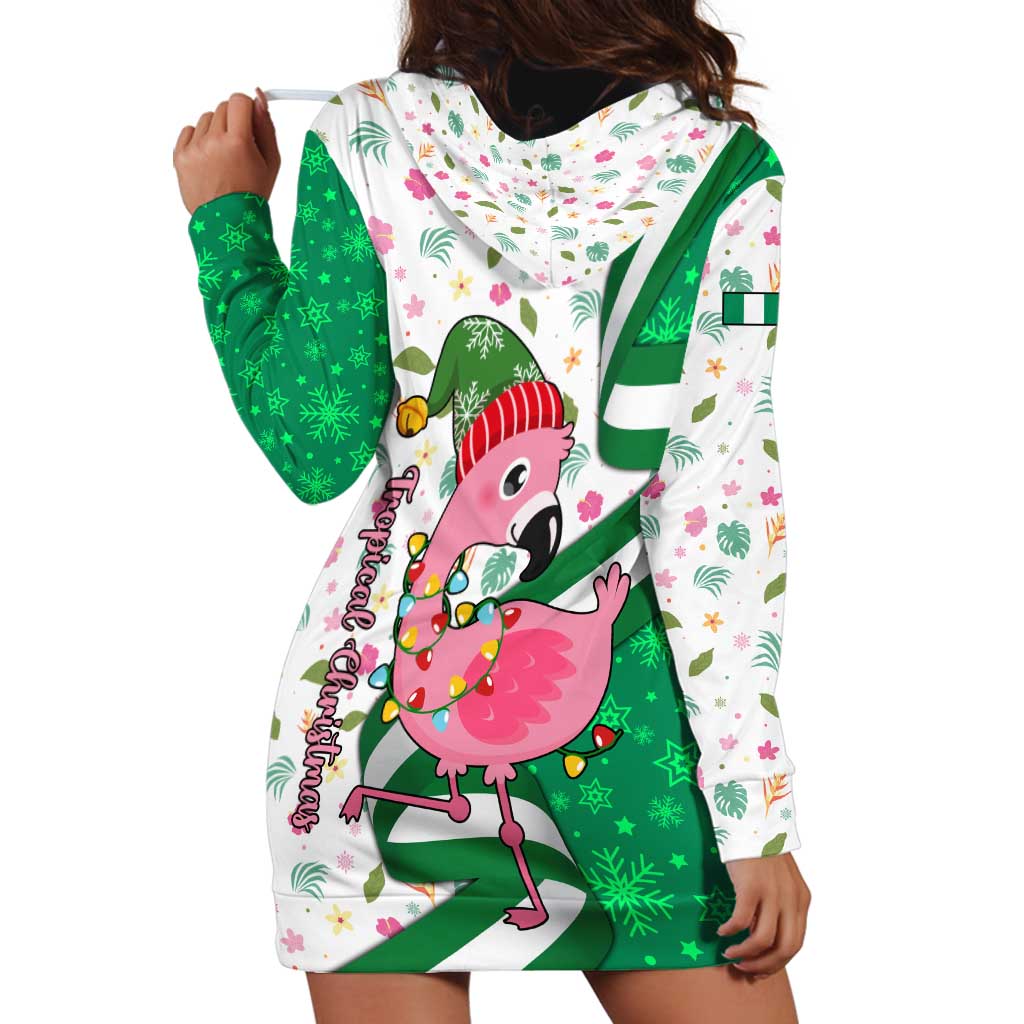 Nigeria Christmas Hoodie Dress with Pink Flamingo Tropical Leaves and Festive Lights Design - Wonder Print Shop