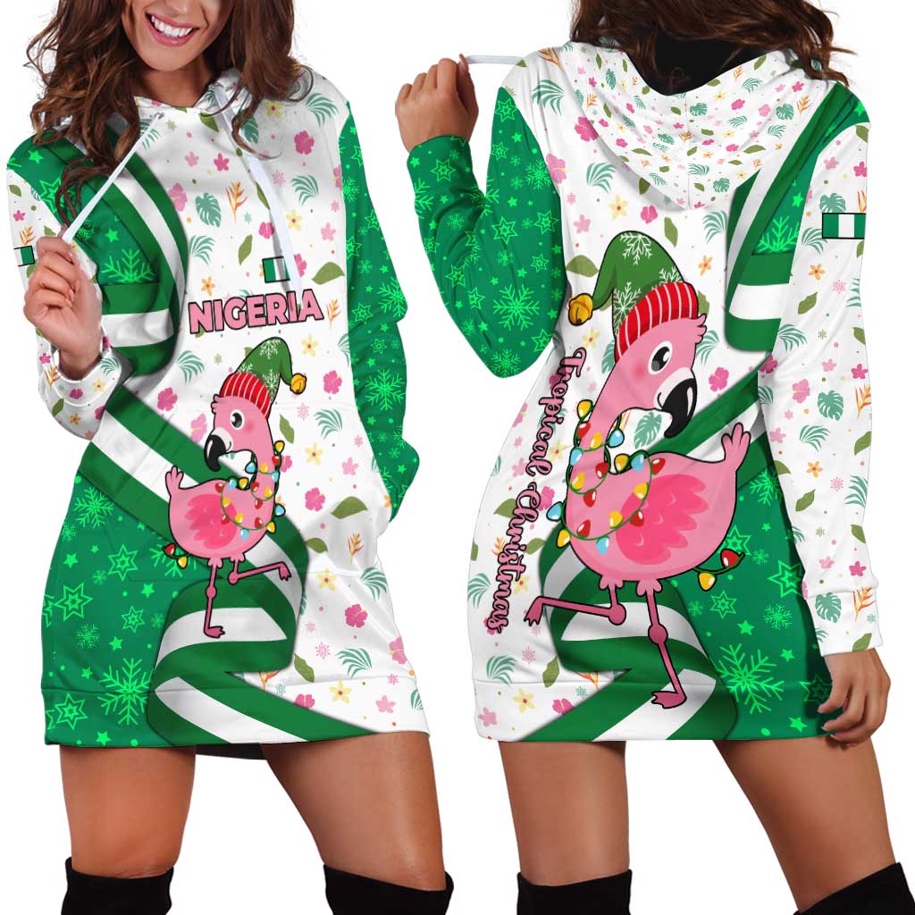 Nigeria Christmas Hoodie Dress with Pink Flamingo Tropical Leaves and Festive Lights Design - Wonder Print Shop