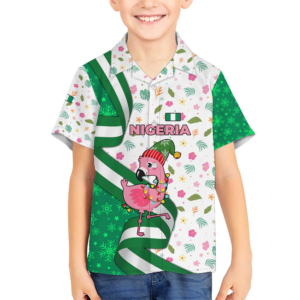 Nigeria Christmas Kid Hawaiian Shirt with Pink Flamingo Tropical Leaves and Festive Lights Design - Wonder Print Shop