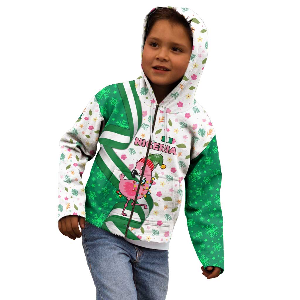 Nigeria Christmas Kid Hoodie with Pink Flamingo Tropical Leaves and Festive Lights Design - Wonder Print Shop
