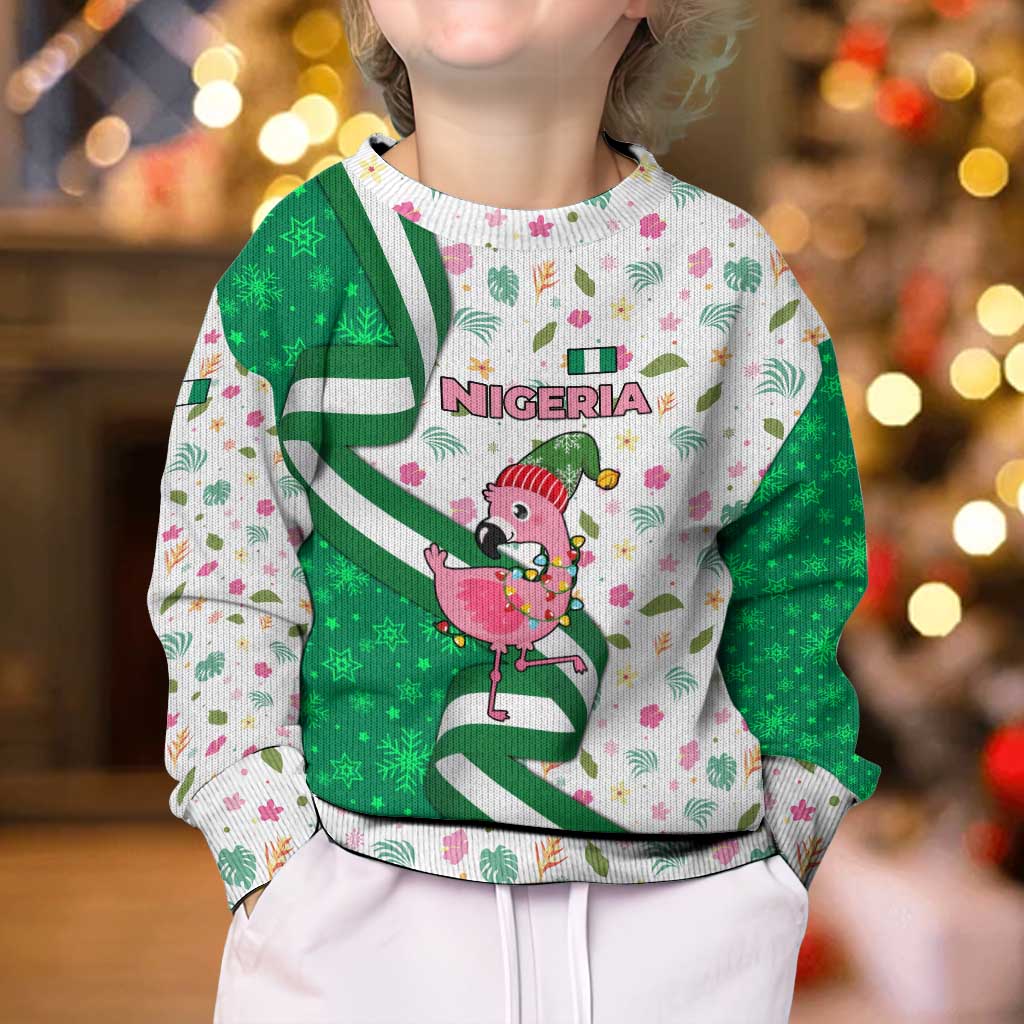 Nigeria Christmas Kid Ugly Christmas Sweater with Pink Flamingo Tropical Leaves and Festive Lights Design - Wonder Print Shop